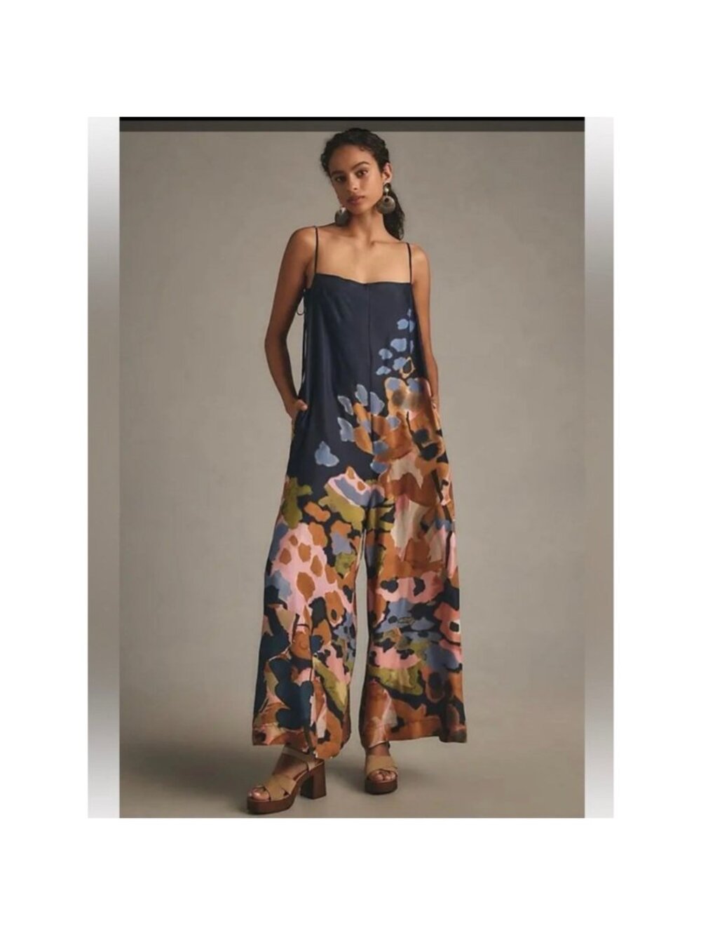 By Anthropologie Printed Wide-Leg Jumpsuit Navy Abstract Floral Print